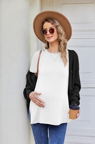 Ekouaer Women's Maternity Shirts Short Sleeve Pregnancy Tops Blouses Split Side Casual Crewneck Pregnant Tunic Tee in Kuwait