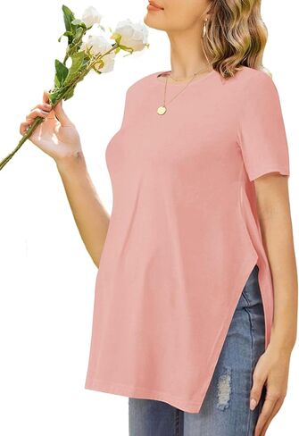 Ekouaer Women's Maternity Shirts Short Sleeve Pregnancy Tops Blouses Split Side Casual Crewneck Pregnant Tunic Tee in Saudi Arabia