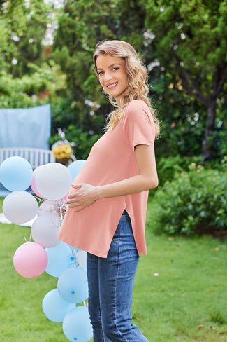 Ekouaer Women's Maternity Shirts Short Sleeve Pregnancy Tops Blouses Split Side Casual Crewneck Pregnant Tunic Tee in Saudi Arabia