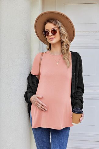 Ekouaer Women's Maternity Shirts Short Sleeve Pregnancy Tops Blouses Split Side Casual Crewneck Pregnant Tunic Tee in Saudi Arabia