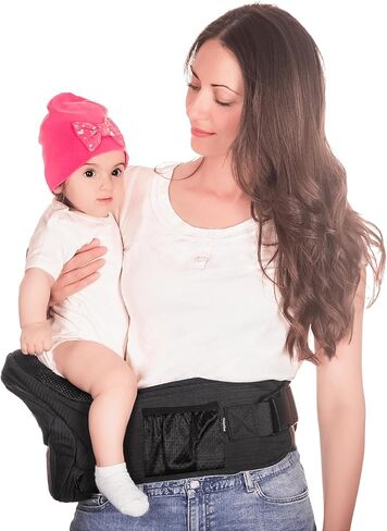 Mom's Choice Award Winner - CozyOne CPC-Certified Baby Hip Carrier, Adjustable Waistband with Abdominal Support Design & Various Pockets for Newborns & Toddlers 8-44 lbs Carrier (Black) in Kuwait