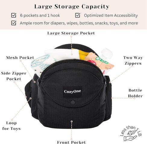Mom's Choice Award Winner - CozyOne CPC-Certified Baby Hip Carrier, Adjustable Waistband with Abdominal Support Design & Various Pockets for Newborns & Toddlers 8-44 lbs Carrier (Black) in Kuwait