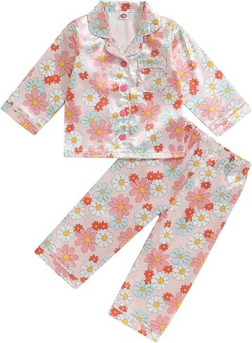 Kids Baby Girl Boy Satin Pajamas Set Button Down Sleep Shirt Top+Long Pants Bottoms Sleepwear Loungewear Clothes in Kuwait
