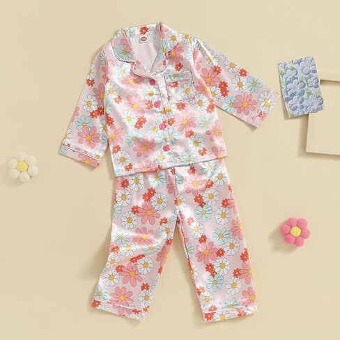 Kids Baby Girl Boy Satin Pajamas Set Button Down Sleep Shirt Top+Long Pants Bottoms Sleepwear Loungewear Clothes in Kuwait