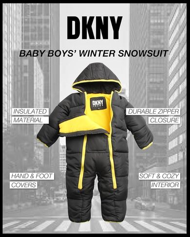 بدلة ثلج للأولاد من DKNY - بدلة شتوية دافئة مبطنة بالصوف بغطاء للرأس - عربة ثلج بسحاب لحديثي الولادة والرضع (0-24 شهرًا) in Saudi Arabia