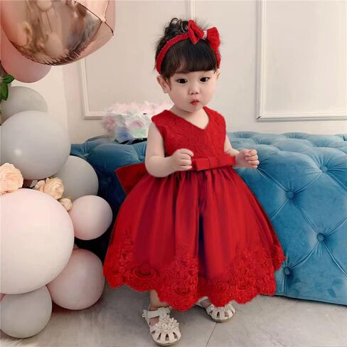 0-6T Toddler Girls Pageant Lace Dresses Baby Birthday Party Embroidery Dress with Headwear in Kuwait