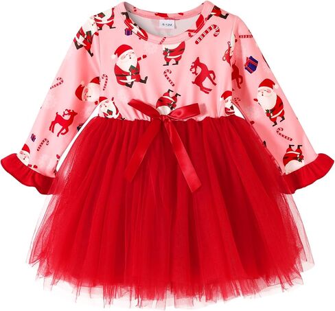MAMAMI 2PCS Toddler Baby Girl Christmas Dress Cotton Long Sleeve Santa Prints Christmas Princess Tutu Dress+Headband 6M-6T in Kuwait
