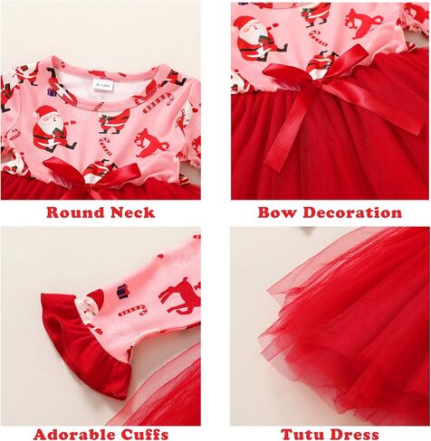 MAMAMI 2PCS Toddler Baby Girl Christmas Dress Cotton Long Sleeve Santa Prints Christmas Princess Tutu Dress+Headband 6M-6T in Kuwait