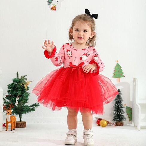 MAMAMI 2PCS Toddler Baby Girl Christmas Dress Cotton Long Sleeve Santa Prints Christmas Princess Tutu Dress+Headband 6M-6T in Kuwait