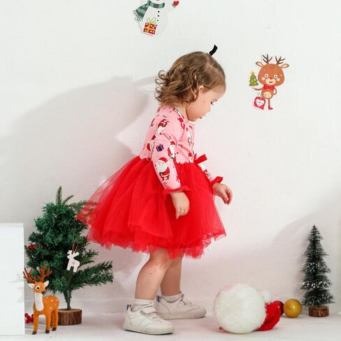 MAMAMI 2PCS Toddler Baby Girl Christmas Dress Cotton Long Sleeve Santa Prints Christmas Princess Tutu Dress+Headband 6M-6T in Kuwait
