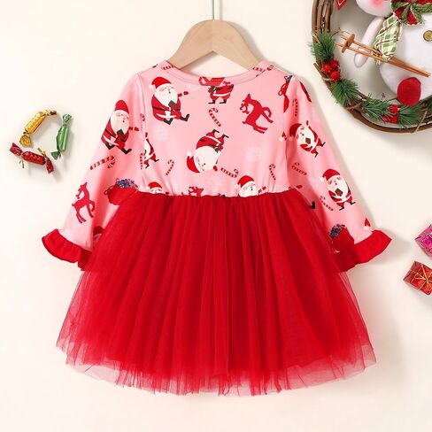 MAMAMI 2PCS Toddler Baby Girl Christmas Dress Cotton Long Sleeve Santa Prints Christmas Princess Tutu Dress+Headband 6M-6T in Kuwait