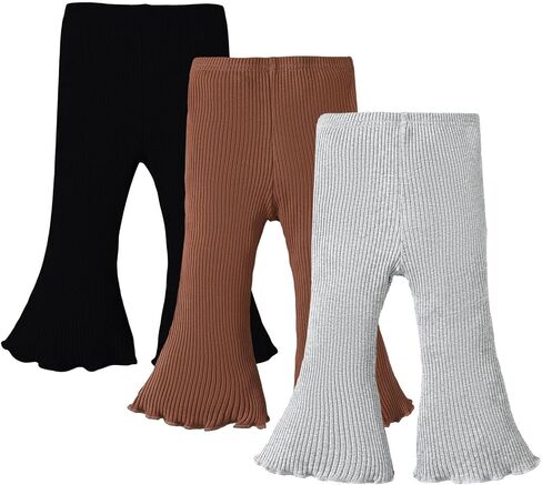 SOBOWO Baby Girl Flare Pants 3 Pack Toddler Solid Ribbed Ruffle Bell Bottoms Pants Trousers Fall Outfits in Saudi Arabia