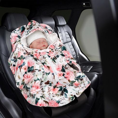 معطف مقعد السيارة للفتيات الصغيرات، معطف مقعد السيارة الشتوي للأطفال الصغار، طبقة مزدوجة دافئة لمقعد السيارة للأطفال، بطانيات مريحة، زهرة وردية in Kuwait