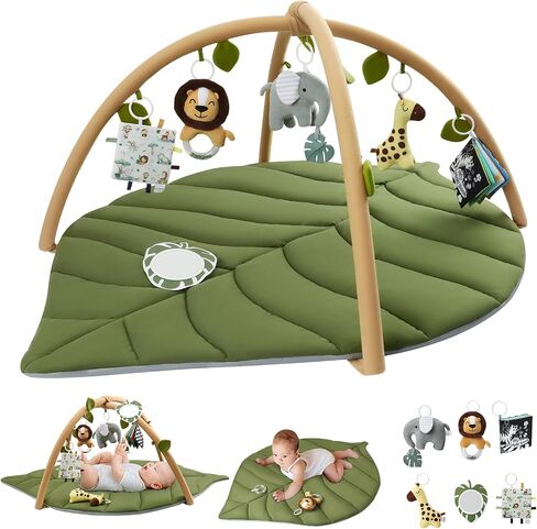 Blissful Diary Baby Play Gym & Activity Mat, Oversize Leaf Shaped Baby Play Mat w 6 Detachable Toys, Tummy Time Mat Promote Motor Skills & Sensory Development Mat, Newborn Infant Baby Essentials Gift in Saudi Arabia