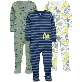 Simple Joys by Carter's Toddler Boys' Snug-Fit Footed Cotton Pajamas, Pack of 3, Navy Stripe/Sage Green Construction/White Dinosaur, 5T in Saudi Arabia