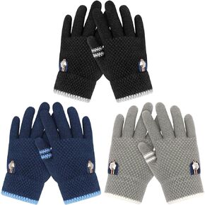 GOHI 3 Pairs Kids Gloves for Toddler Boys Girls, Kids Winter Warm Lining Gloves Children Knit Gloves Full Finger Gloves