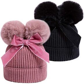 YATEEN Infant Toddler Baby Knitting Woolen Hat Winter Warm Double Pompom Beanie Cap with Bow in Saudi Arabia
