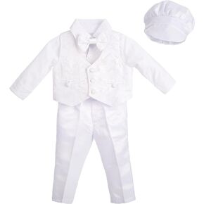 Dressy Daisy Baby Boys White Suit Christening Clothing with Bonnet Baptism Outfits Long Sleeve Floral