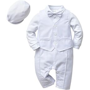IDOPIP Baby Boy One-Piece Romper Short Sleeve Jumpsuit Gentleman White Shirt Bowtie Tuxedo Birthday Outfit Formal Suit + Hat