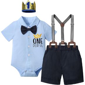 DONWEN Baby Boy First Birthday Outfit Mr Onederful Bowtie Romper + Suspender Shorts+ Party Hat Cake Smash Outfits in Kuwait