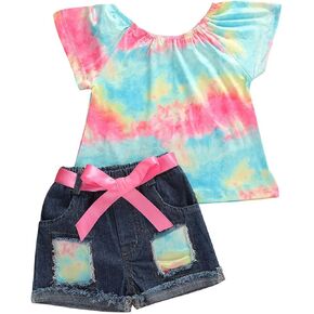Baby Toddler Girls Floral Short Sleeve Tops T-Shirt Vest & Denim Shorts Set Kids 1T 2T 3T 4T 5T 6T Clothes Summer Outfits