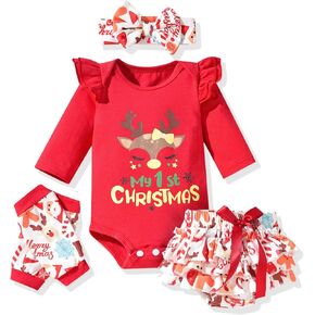 Newborn Baby Girls Christmas Clothes Outfits Infant Reindeer My First Christmas Bodysuit Romper Shorts Clothing Sets for Xmax