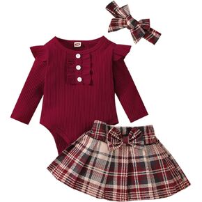 Sasaerucure Infant Baby Girl Fall Winter Outfits Long Sleeve Romper Knitted Bodysuit with Plaid Skirt 2Pcs Christmas Outfits in Kuwait