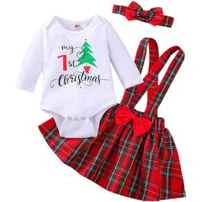 Honykids الوليد طفلة ملابس عيد الميلاد بلدي 1st عيد الميلاد رومبير + تنورة الحمالة + عقال مجموعة الملابس الشاملة