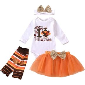 XIFAMNIY Baby Girls My 1st Halloween/Thanksgiving/Christmas Outfit Newborn 4Pcs Pumpkin Bodysuit Headband Legging Socks Set in Kuwait