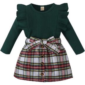 Noubeau Toddler Baby Girls Plaid Outfits Knit Ribbed Sweatshirt Shirt Tops Red Plaid Belt Skirt Fall Winter Clothes