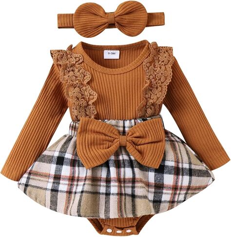 Baby Girl Clothes Fall Winter Outfit Plaid Romper Long Sleeve Dress Lace Ruffles Bodysuit with Bow Headband in Saudi Arabia