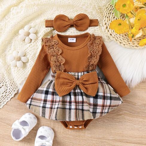 Baby Girl Clothes Fall Winter Outfit Plaid Romper Long Sleeve Dress Lace Ruffles Bodysuit with Bow Headband in Saudi Arabia