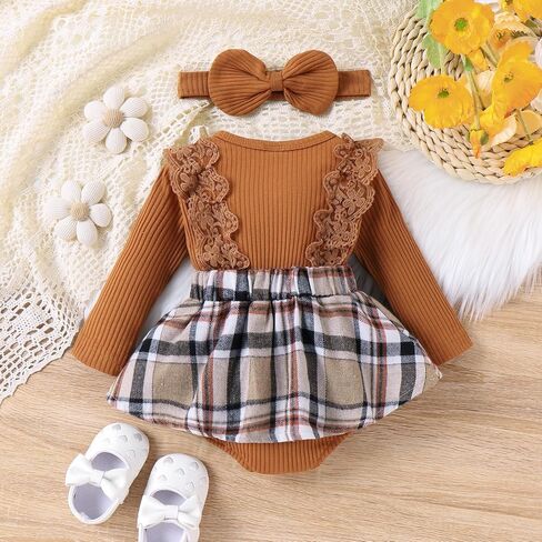 Baby Girl Clothes Fall Winter Outfit Plaid Romper Long Sleeve Dress Lace Ruffles Bodysuit with Bow Headband in Saudi Arabia