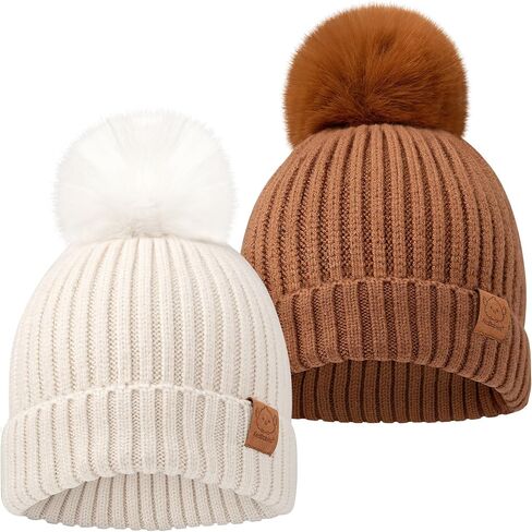2-Pack Baby Hats for Girls, Boys, Stretchy Baby Winter Beanies (Fawn, S) | Cute Newborn & Toddler Winter Hat, Soft & Warm Pom Pom Baby Beanie for Infant, Toddler, Boys, Girls Baby Winter Hat in Saudi Arabia