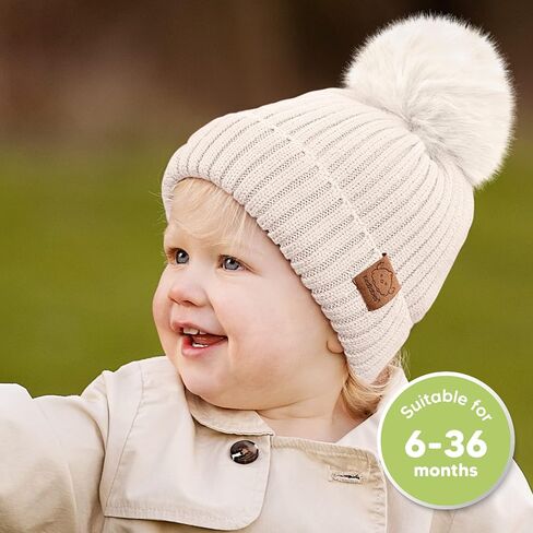 2-Pack Baby Hats for Girls, Boys, Stretchy Baby Winter Beanies (Fawn, S) | Cute Newborn & Toddler Winter Hat, Soft & Warm Pom Pom Baby Beanie for Infant, Toddler, Boys, Girls Baby Winter Hat in Saudi Arabia