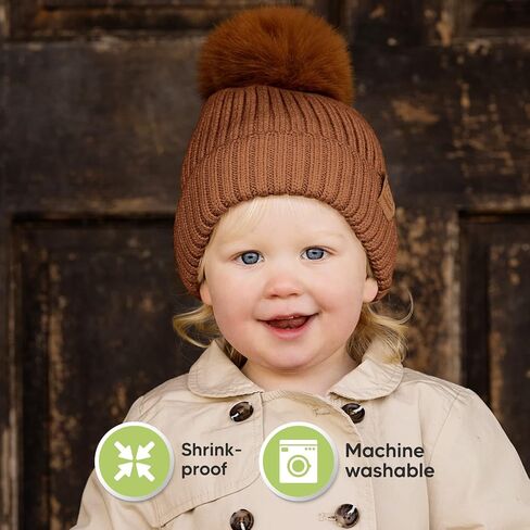 2-Pack Baby Hats for Girls, Boys, Stretchy Baby Winter Beanies (Fawn, S) | Cute Newborn & Toddler Winter Hat, Soft & Warm Pom Pom Baby Beanie for Infant, Toddler, Boys, Girls Baby Winter Hat in Saudi Arabia