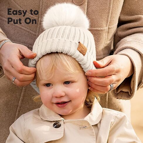 2-Pack Baby Hats for Girls, Boys, Stretchy Baby Winter Beanies (Fawn, S) | Cute Newborn & Toddler Winter Hat, Soft & Warm Pom Pom Baby Beanie for Infant, Toddler, Boys, Girls Baby Winter Hat in Saudi Arabia