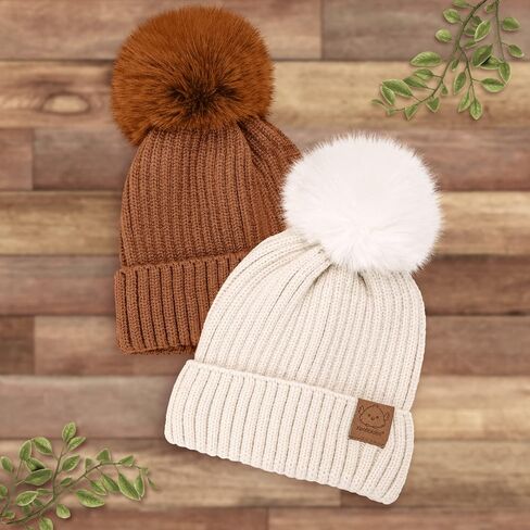 2-Pack Baby Hats for Girls, Boys, Stretchy Baby Winter Beanies (Fawn, S) | Cute Newborn & Toddler Winter Hat, Soft & Warm Pom Pom Baby Beanie for Infant, Toddler, Boys, Girls Baby Winter Hat in Saudi Arabia