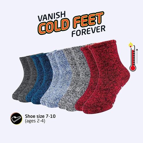HOT FEET Toddler Crew Warm Thermal 5/6 Pack Socks Soft Thick Brushing, 2-4 Y (7-10 US) 5 Pack in Kuwait