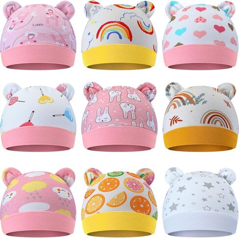 Geyoga 9 Pieces Newborn Baby Hat Bear Ears Infant Caps Baby Boy Girl Toddler Hats Infant Beanie Caps for 0-3 Months in Saudi Arabia