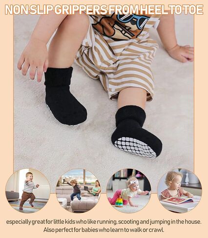 LANLEO Baby Girls Boys Non Slip Socks with Grips Toddler Kids Unisex Warm Thick Cotton Ankle Crew Socks with Grippers in Kuwait