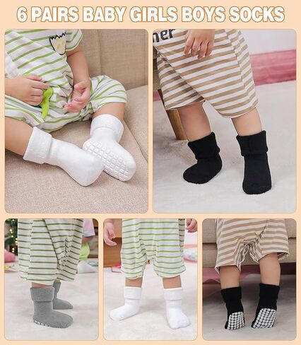 LANLEO Baby Girls Boys Non Slip Socks with Grips Toddler Kids Unisex Warm Thick Cotton Ankle Crew Socks with Grippers in Kuwait