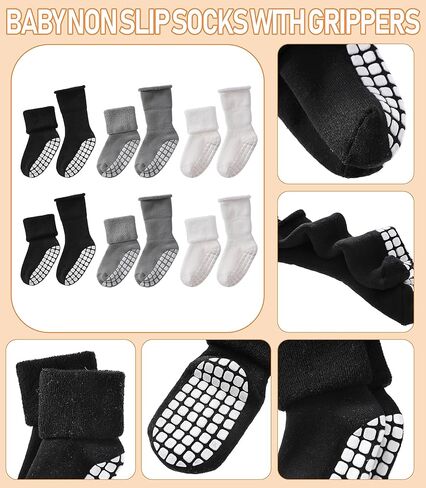 LANLEO Baby Girls Boys Non Slip Socks with Grips Toddler Kids Unisex Warm Thick Cotton Ankle Crew Socks with Grippers in Kuwait
