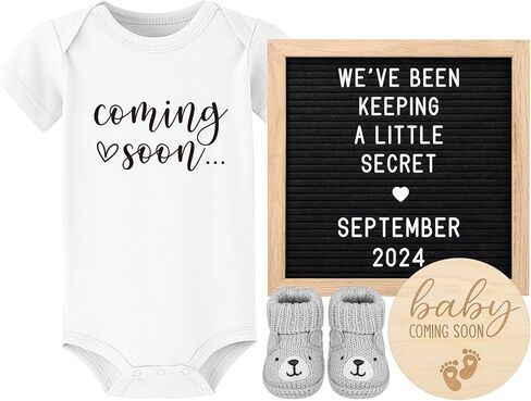 Pregnancy Announcement, Coming Soon Baby Announcement For Grandparents Dad Husband Family, Pregnancy Reveal Ideas, Gender Reveal Baby Shower Gifts -Felt Letter Board, Baby Onesie, Booties, Wooden Sign in Kuwait
