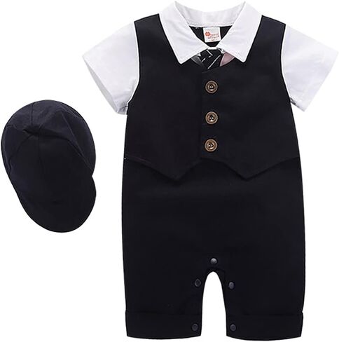 IDOPIP Baby Boy One-Piece Romper Short Sleeve Jumpsuit Gentleman White Shirt Bowtie Tuxedo Birthday Outfit Formal Suit + Hat in Kuwait