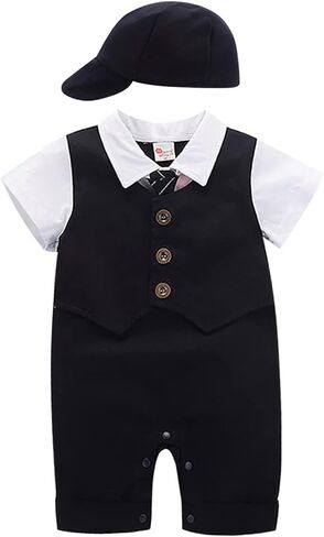 IDOPIP Baby Boy One-Piece Romper Short Sleeve Jumpsuit Gentleman White Shirt Bowtie Tuxedo Birthday Outfit Formal Suit + Hat in Kuwait