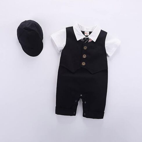 IDOPIP Baby Boy One-Piece Romper Short Sleeve Jumpsuit Gentleman White Shirt Bowtie Tuxedo Birthday Outfit Formal Suit + Hat in Kuwait