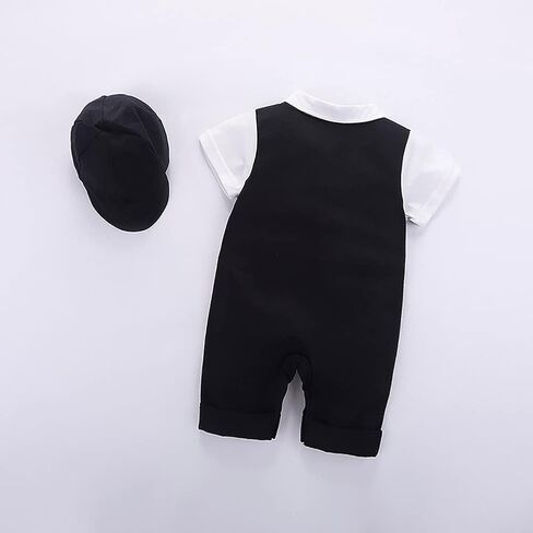 IDOPIP Baby Boy One-Piece Romper Short Sleeve Jumpsuit Gentleman White Shirt Bowtie Tuxedo Birthday Outfit Formal Suit + Hat in Kuwait