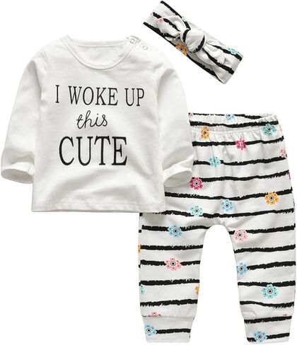 KuKitty 3Pcs Baby Girl Outfits Set Long Sleeve T-Shirt Tops Flowers Pants with Headband in Saudi Arabia