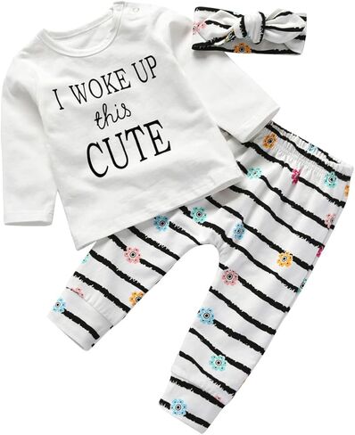 KuKitty 3Pcs Baby Girl Outfits Set Long Sleeve T-Shirt Tops Flowers Pants with Headband in Saudi Arabia